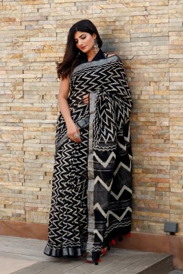 Pallo Latke Blocked Printed Daily Wear Cotton Linen Saree(Black)