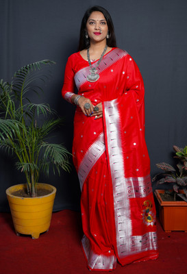 sarjan creation Self Design Paithani Jacquard Saree(Red)