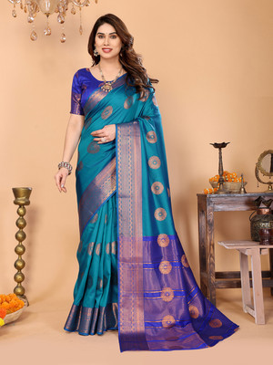 VILLAGIUS Printed Kanjivaram Silk Blend Saree(Multicolor)