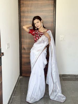 Tasrika Embroidered Bollywood Silk Blend Saree(White)