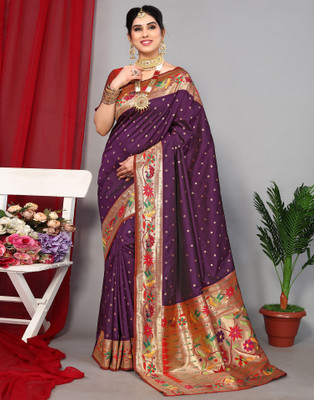 Samah Woven, Embellished, Self Design Paithani Silk Blend, Jacquard Saree(Purple)