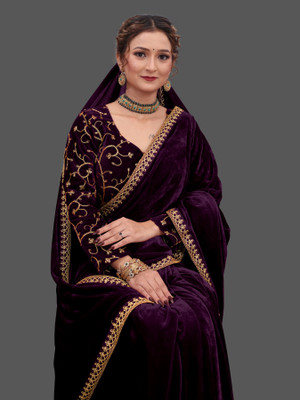 hutah Embroidered Bollywood Velvet Saree(Purple)