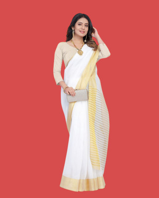 shree laxmi Woven Kasavu Pure Cotton Saree(White)