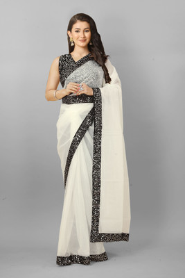 KCBRO Embellished Bollywood Net Saree(White)