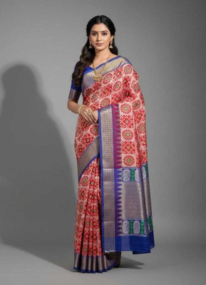 Sijileen Temple Border, Woven Sambalpuri Silk Blend Saree(Red, Blue)