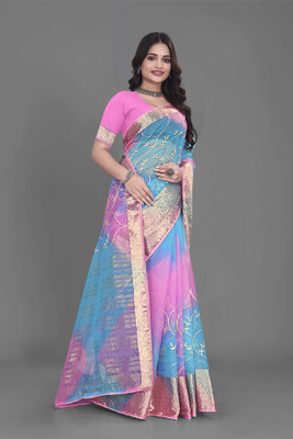 Aarunika BS Woven Bollywood Organza Saree(Pink, Blue)