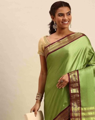 Fashion Club Collection Woven Maheshwari Cotton Silk Saree(Green, Maroon)