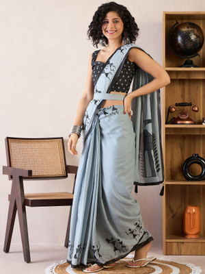 Tasrika Printed Pre Draped Saree Cotton Blend Saree(Grey)