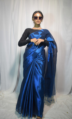 Shaw Creation Solid/Plain Handloom Handloom Tissue Saree(Blue)
