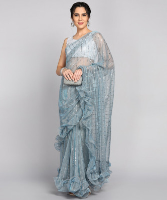 AKFABRICS Geometric Print Bollywood Chiffon Saree(Light Blue)