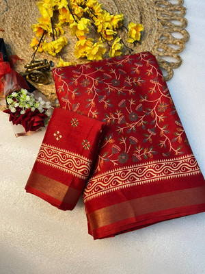 Lyrox Fashion Floral Print, Woven, Printed, Self Design, Temple Border Daily Wear Cotton Blend Saree(Red)