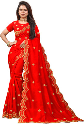 GRIMLOCK Embroidered Bollywood Silk Blend Saree(Red)