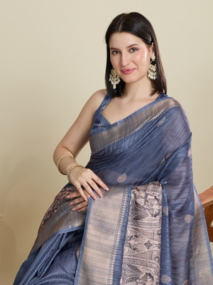 SUDIPTA Printed Kalamkari Cotton Silk Saree(Light Blue)