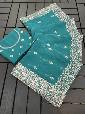 MIYANIFAB Embroidered Bollywood Organza Saree(Light Blue)
