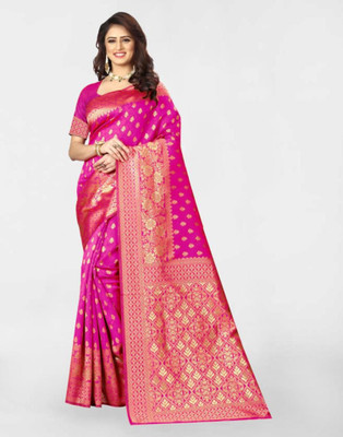 Samah Woven, Embellished, Self Design Banarasi Silk Blend, Jacquard Saree(Pink, Gold)