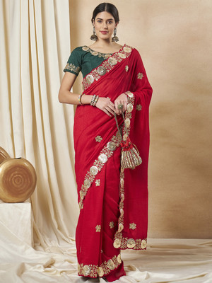 Tasrika Embellished Bollywood Silk Blend Saree(Red)