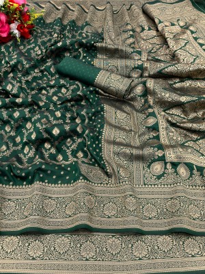 KanjiQueen Woven, Self Design Banarasi Silk Blend, Pure Silk Saree(Gold, Light Green)