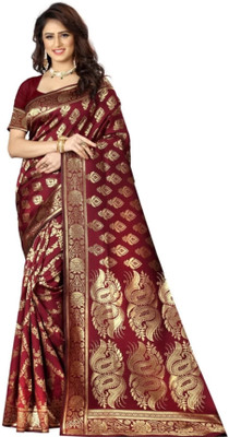 MUBARAK Woven Banarasi Handloom Silk Blend Saree(Red)