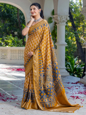 Tasrika Printed Chinnalapattu Viscose Rayon Saree(Mustard)
