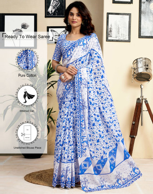 Tasrika Floral Print Daily Wear Pure Cotton Saree(White, Blue)
