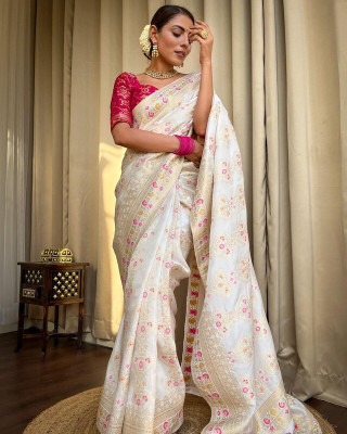 K SALIYA ENTERPRISE Printed Banarasi Pure Silk Saree(White)