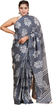 SUNDREESAREE Printed Hand Batik Pure Cotton Saree(Grey, White)