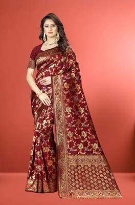 fFASHION Printed, Floral Print Banarasi Art Silk, Pure Silk Saree(Maroon)