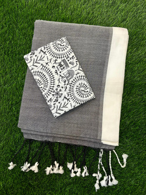SMRITI BOUTIQUE Printed Bollywood Handloom Pure Cotton Saree(Grey, White, Black)