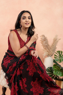 MIRCHI FASHION Printed, Floral Print Bollywood Georgette Saree(Black, Red)
