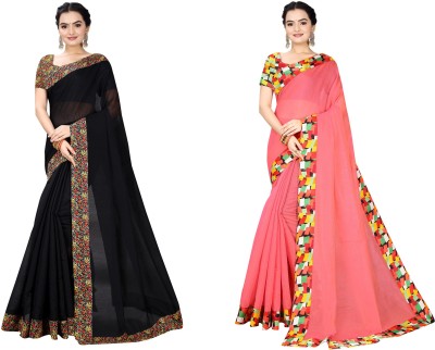 manish Solid/Plain Chanderi Cotton Blend Saree(Pack of 2, Black, Pink)