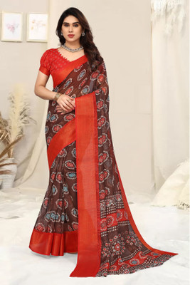 Winza Designer Geometric Print Daily Wear Cotton Blend Saree(Brown)