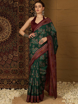Sareemall Printed Ikkat Silk Blend Saree(Green)