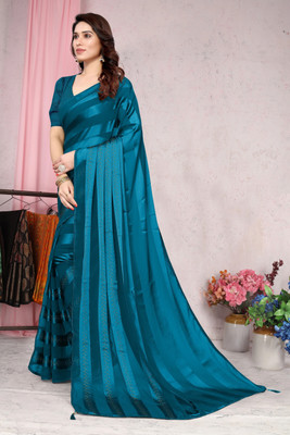 MIRCHI FASHION Striped, Solid/Plain Bollywood Georgette Saree(Blue)