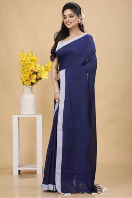 SMRITI HANDLOOM Solid/Plain Handloom Pure Cotton Saree(Blue)