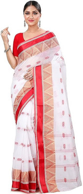 BRISHTI CREATION Woven Tant Cotton Blend Saree(White)