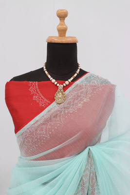 HouseOfCommon Embellished Bollywood Supernet Saree(Light Blue)