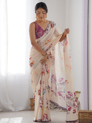 ANOUK Printed Saree with Attached Blouse Georgette Saree(Cream)