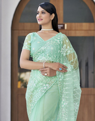 SIRIL Embroidered, Embellished Bollywood Net Saree(Green, Blue)