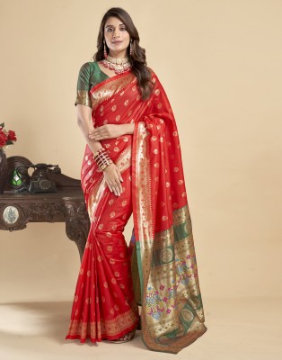 Samah Dyed, Woven, Self Design Banarasi Silk Blend Saree(Red, Gold)