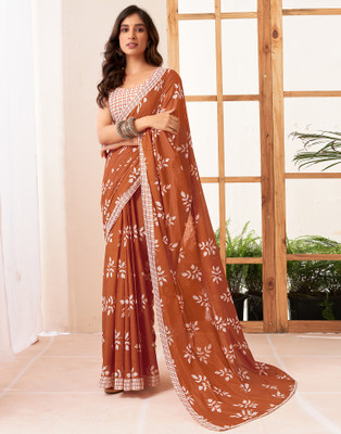 all about you Printed Handloom Pure Cotton Saree(Orange, Cream)