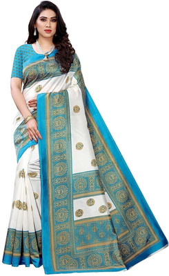 Moda Rapido Printed Bollywood Pure Silk Saree(Light Blue, White)