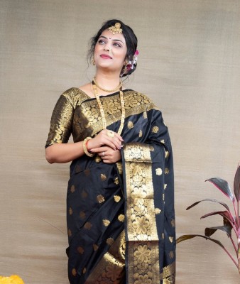 JIADIA Woven Kanjivaram Silk Blend Saree(Black)