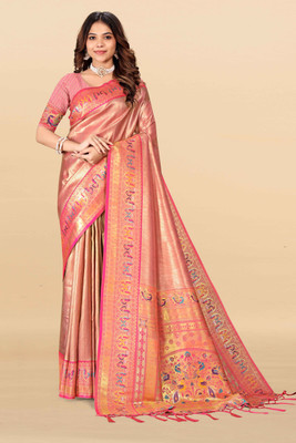 MAANAYATA Woven, Self Design, Temple Border Paithani Tissue Saree(Pink, Orange, Green, Yellow, Purple)
