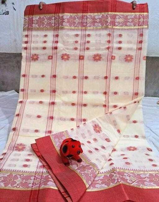 Pal Handloom Self Design Tant Pure Cotton Saree(Cream)