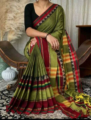 BRYNBRIT Solid/Plain Madhubani Cotton Blend Saree(Green)