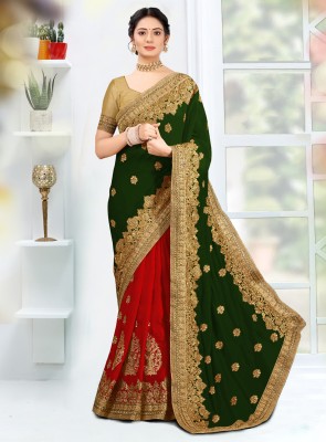 Divastri Embroidered Bollywood Silk Blend Saree(Green, Red)