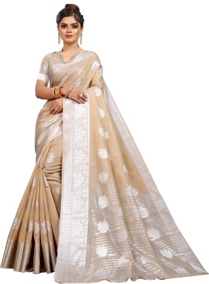 NIYAMI Self Design, Woven, Floral Print, Solid/Plain Bollywood Jacquard, Cotton Linen Saree(Cream)