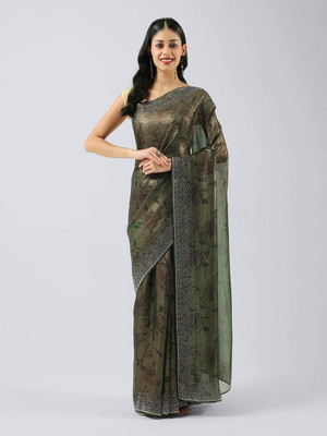 Meena Bazaar Woven Bollywood Chanderi Saree(Green)