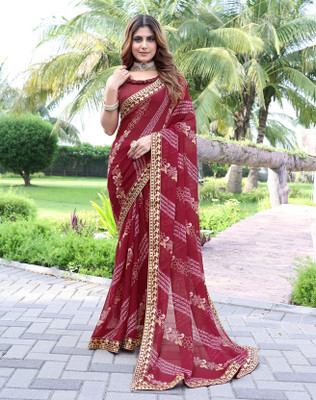 YASHIKA Printed Daily Wear Georgette, Lace Saree(Maroon)