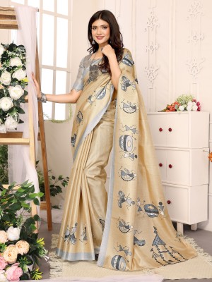 YASHIKA Printed Kalamkari Silk Blend, Art Silk Saree(Cream)